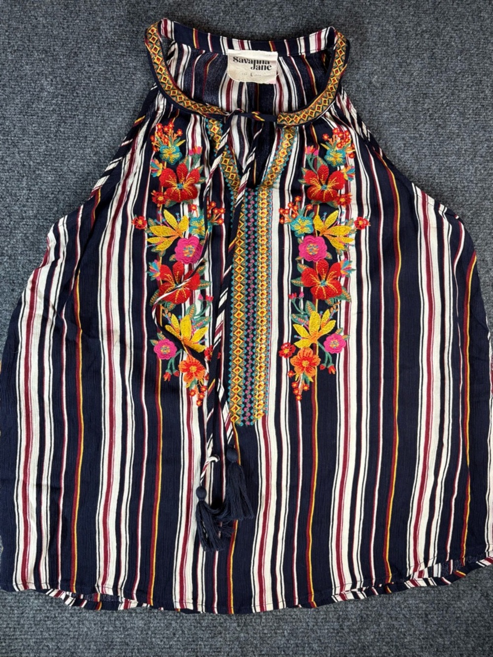 Savanna Jane Navy Striped Halter Camisole with Colorful Floral Embroidery